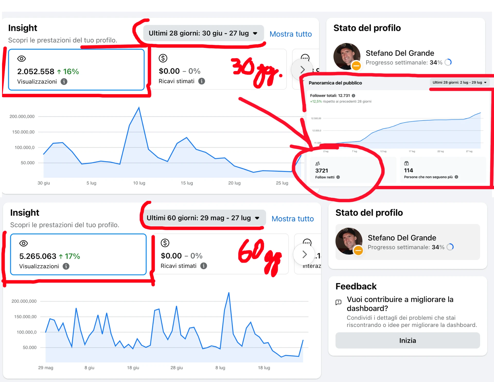 Screenshot Insight Facebook: 2.052.558 visualizzazioni in 28 giorni e 3.721 follow netti